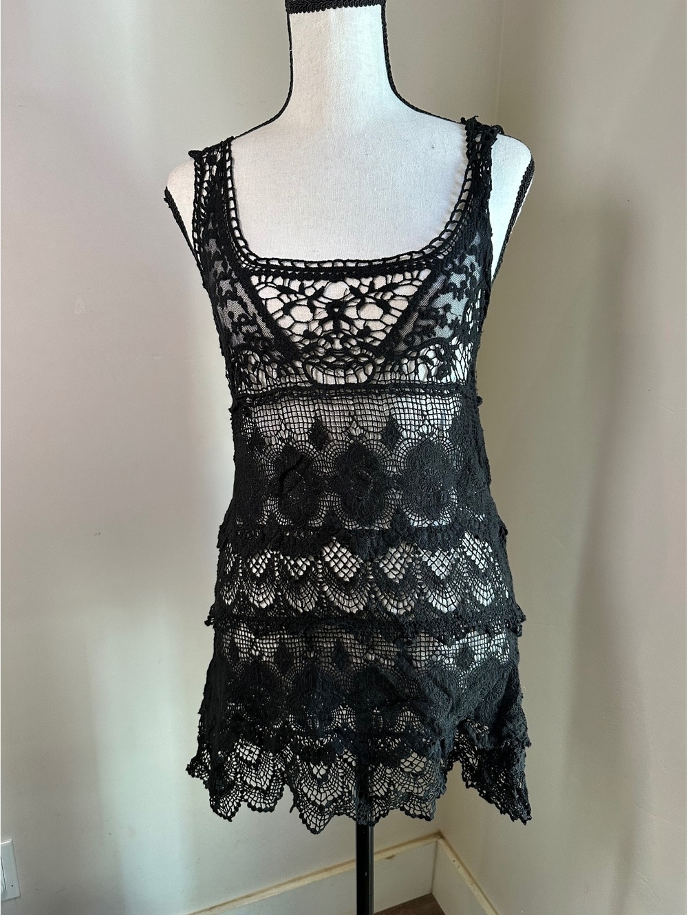 Solitaire Black Crochet Sheer Tunic Mini Dress Swim Cover Up Boho Small S